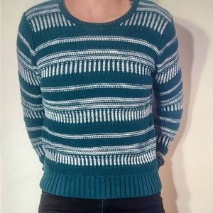 Banana Republic Sweater Teal White Striped Cotton Knit Pullover
